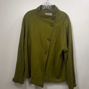 Flax Green Asymmetrical button up jacket size large.